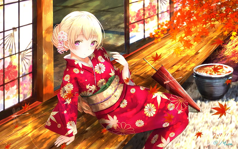 Shirasagi Chisato Bang Dream Kimono Blonde Traditional House Autumn Leaves Hd Wallpaper Peakpx
