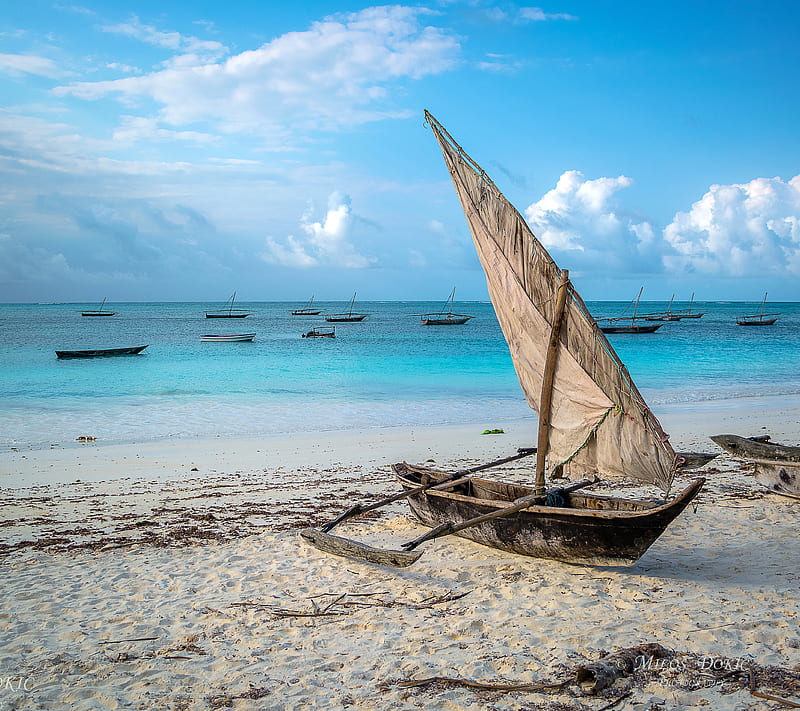 Zanzibar fisherman, beach, boat, fisherman, landscape, ocean, sand, sea, sunset, HD wallpaper