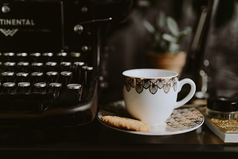 cup, saucer, cookies, typewriter, keys, HD wallpaper