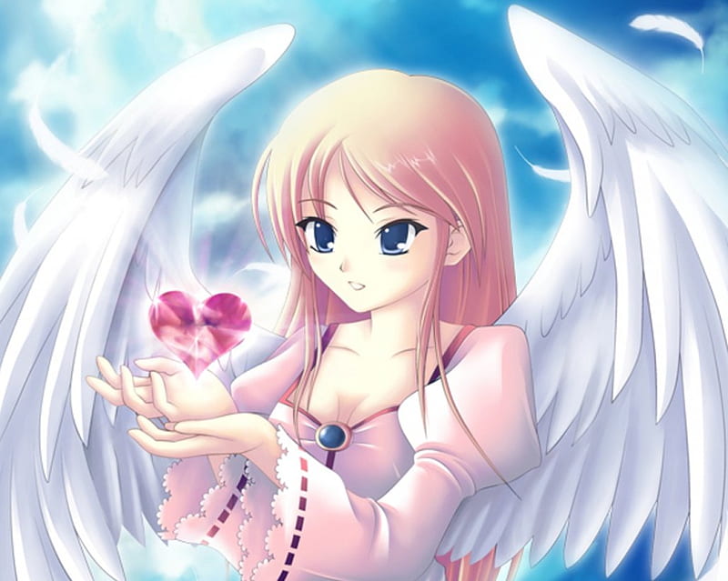 Angel of Heart, pretty, dress, bonito, wing, elegant, sweet, nice, anime, feather, love, hot, beauty, anime girl, long hair, blue eyes, gorgeous, female, wings, lovely, brown hair, angel, sexy, happy, cute, girl, heart, lady, maiden, HD wallpaper