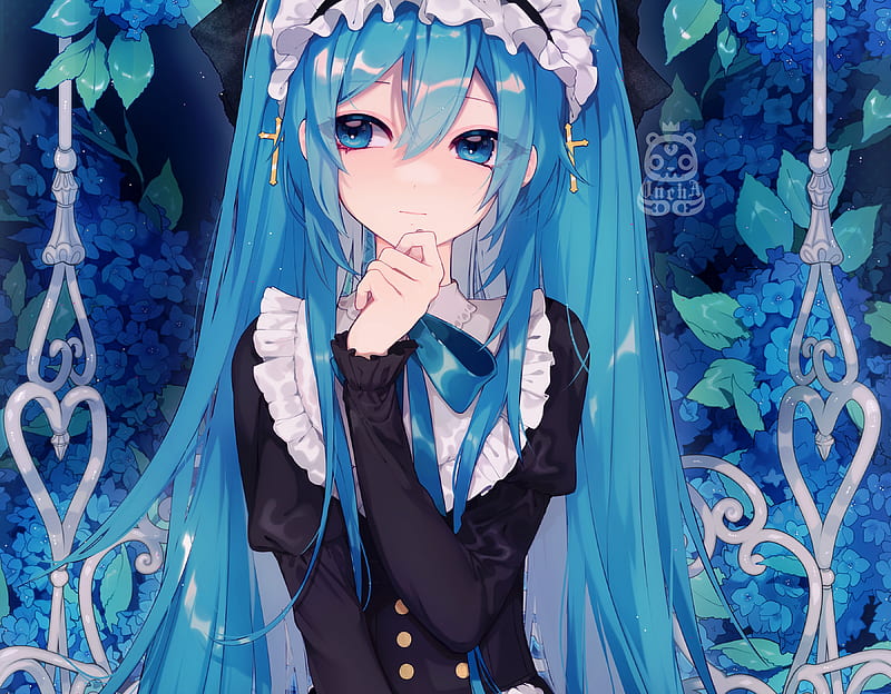 hatsune miku, long hair, gothic, twintails, headdress, earrings, vocaloid, Anime, HD wallpaper