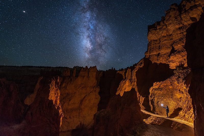 man, canyon, night, glow, HD wallpaper