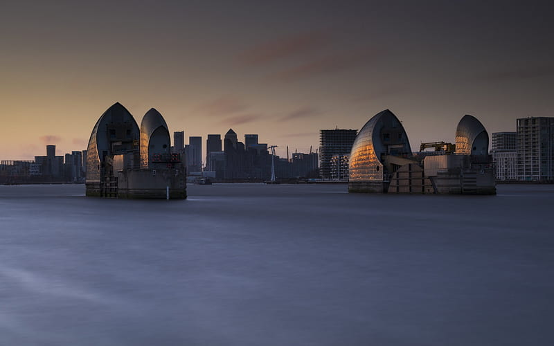 Thames Barrier, London, defenses, Thames river, Greater London, England, evening, sunset, UK, HD wallpaper