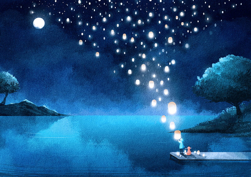 lake, night, lanterns, silhouette, art, HD wallpaper