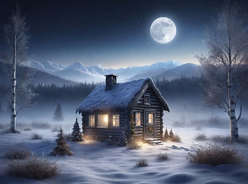 Winter landscape, Winter, Full Moon, Snow, House, Trees, HD wallpaper