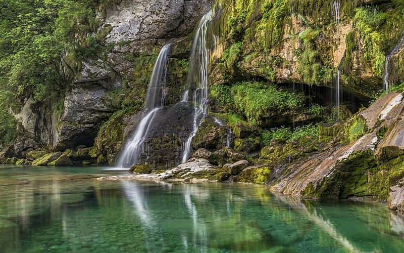 Virje Waterfall, cliffs, forest, Bovec, Gljun, Slovenia, Europe, HD wallpaper