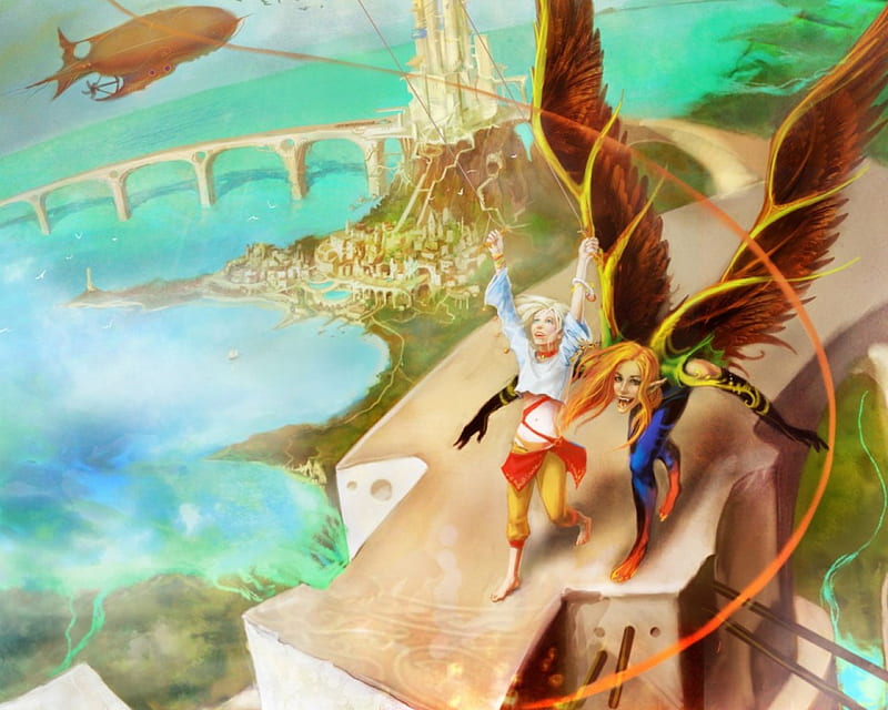 Anjo e elfo, desenho, anjo, anime, voando, elfo, HD wallpaper