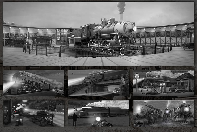 Steamers at Night, black and white, steam, night, trains, collage, HD wallpaper