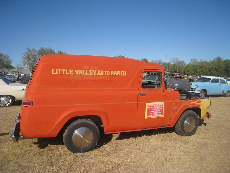 Little-Valley-Auto-Ranch, truck, orange truck, old truck, junkyard, HD wallpaper