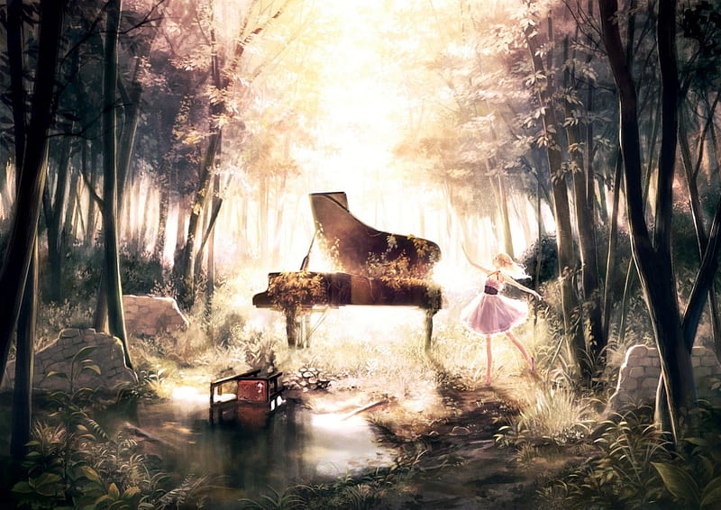 Alone In the Forest, chair, dancing, girl, piano, HD wallpaper