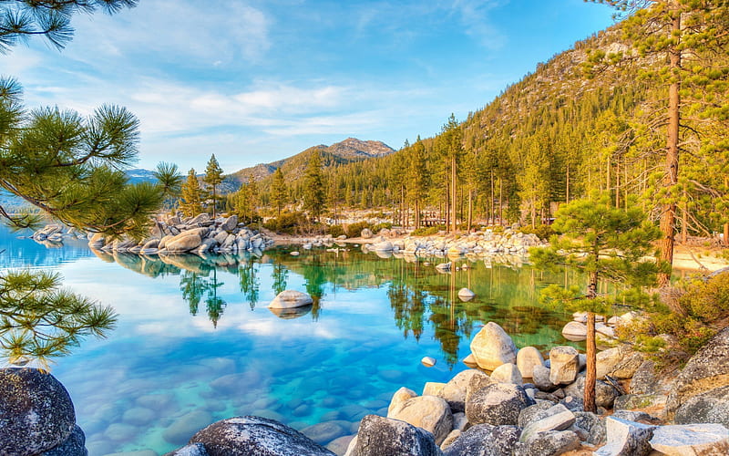 mountains, usa, lake, forest, blue lake, tree, lake tahoe, HD wallpaper