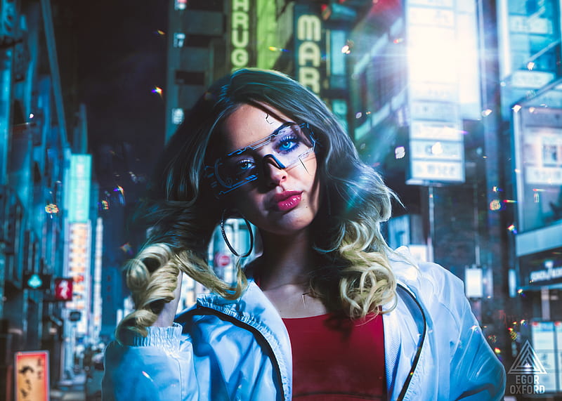 futuristic girl, cyberpunk, glasses, neon lights, blue eyes, Sci-fi, HD wallpaper