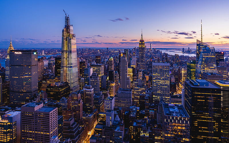 New York City, Manhattan, evening, cityscape, New York panorama, skyscrapers, modern rear, New York, USA, HD wallpaper