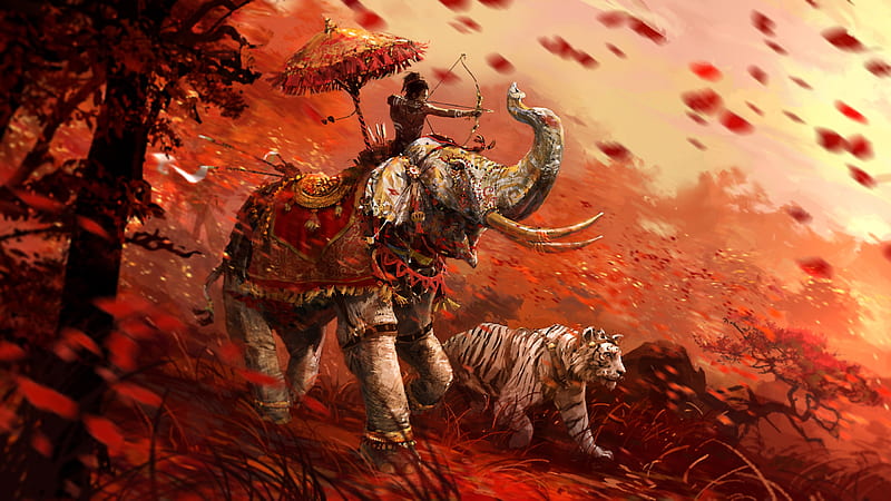 Far Cry, leaf, art, autumn, luminos, orange, elephant, umbrella, man, tiger, fantasy, parasol, archer, HD wallpaper