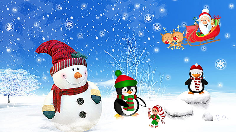Santa's Flight, Feliz Navidad, snow, elf, Santa Claus, reindeer, snow man, penguins, Firefox theme, Christmas, winter, HD wallpaper