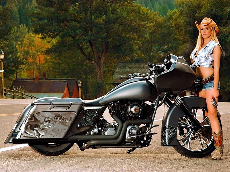 Cowgirl Krissy and her Hog, Model, Cowgirl, Blond, Motorcycle, HD wallpaper