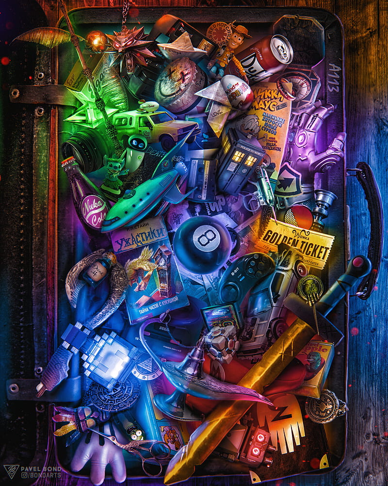Pavel Bondarenko, boxes, toys, 8-ball, sword, messy, glowing, colorful, suitcase, HD phone wallpaper