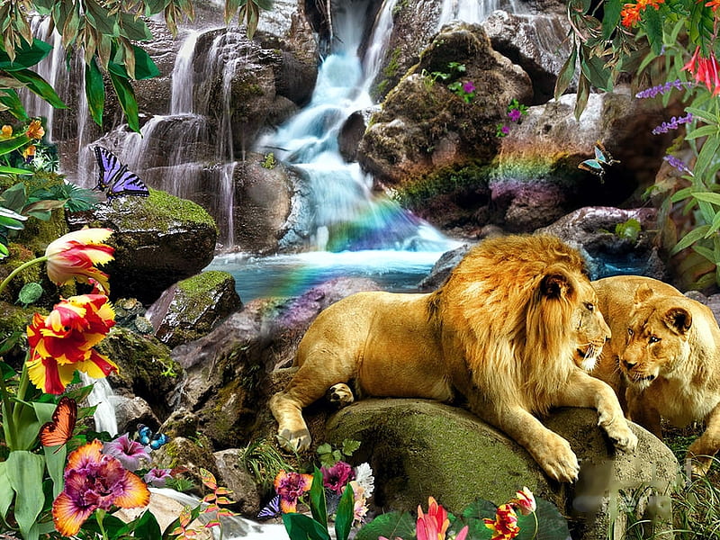 Lions at Waterfall, predators, painting, flowers, cats, artwork, HD wallpaper