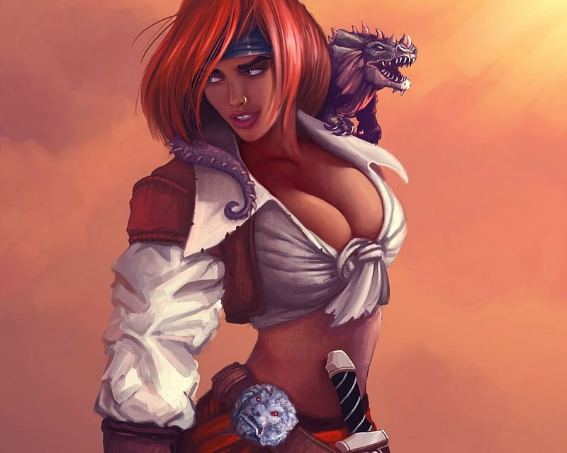 Pirate And Pet, red head, fantasy, woman, dragon, HD wallpaper