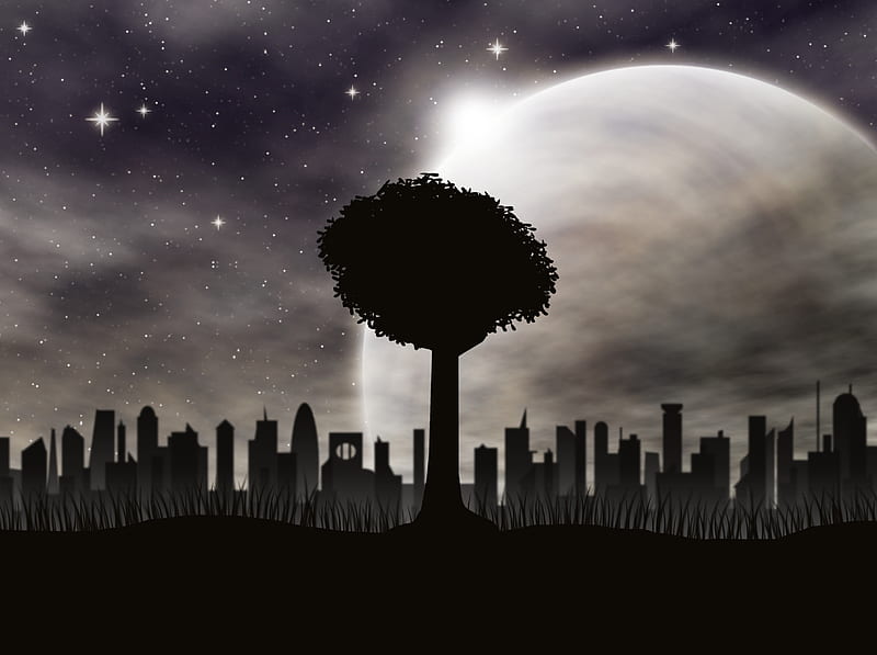 tree, cityscape, moon, stars, digital art, Others, HD wallpaper