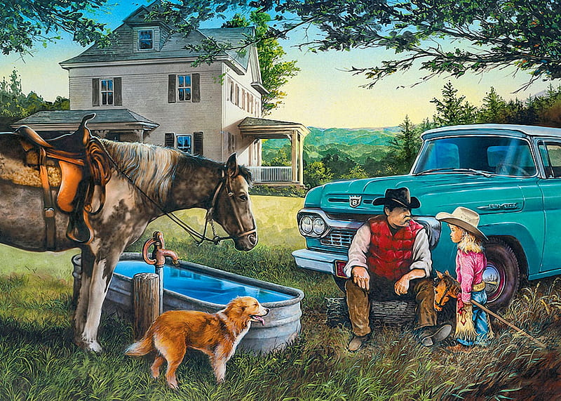 Grandpa tells, car, dog, house, nature, child, horse, grandpa, HD wallpaper
