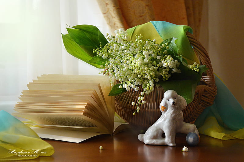 graphy, Still Life, Basket, Book, Bouquet, Dog, Figurine, Lily Of The Valley, Poodle, HD wallpaper