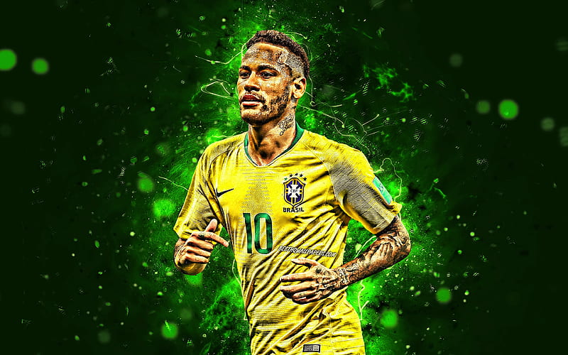 Neymar football stars, Brazil National Team, green background, Neymar JR, soccer, creative, Neymar , neon lights, Brazilian football team, HD wallpaper