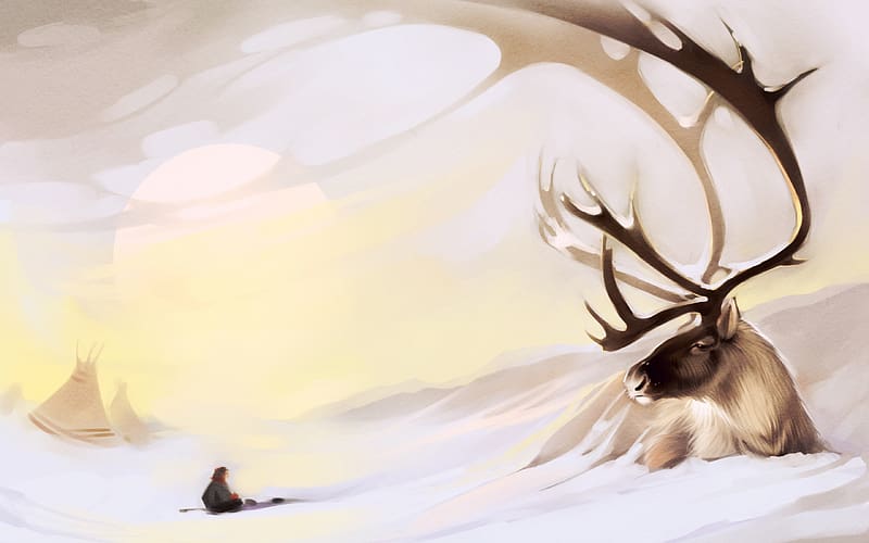 :), art, deer, sever, winter, reindeer, fantasy, HD wallpaper