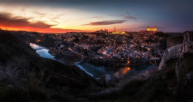 Sunset, Spain, River, Town, Toledo, , Castilla La Mancha, Towns, HD wallpaper
