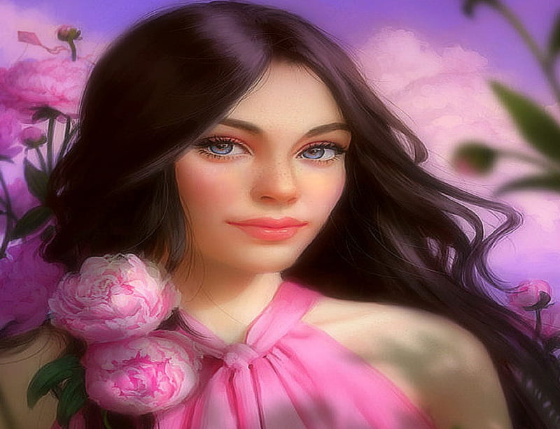 ~Scent Sweet of Pink~, pretty, scents, digital art, fragrance, sweet, hair, paintings, beautiful girls, people, flowers, face, girls, drawings, pink, lovely, model, colors, love four seasons, creative pre-made, lips, cool, weird things people wear, eyes, HD wallpaper