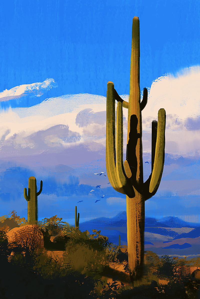 cacti, prairies, birds, canvas, art, HD phone wallpaper