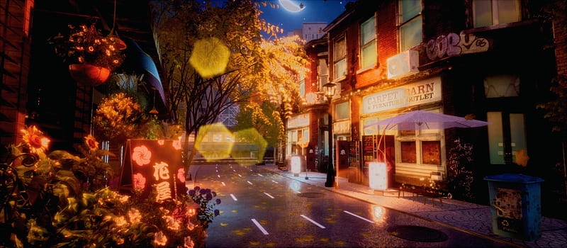 anime city, bokeh, trees, road, night, lights, Anime, HD wallpaper