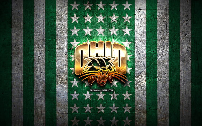 Ohio Bobcats flag, NCAA, green white metal background, american football team, Ohio Bobcats logo, USA, american football, golden logo, Ohio Bobcats, HD wallpaper