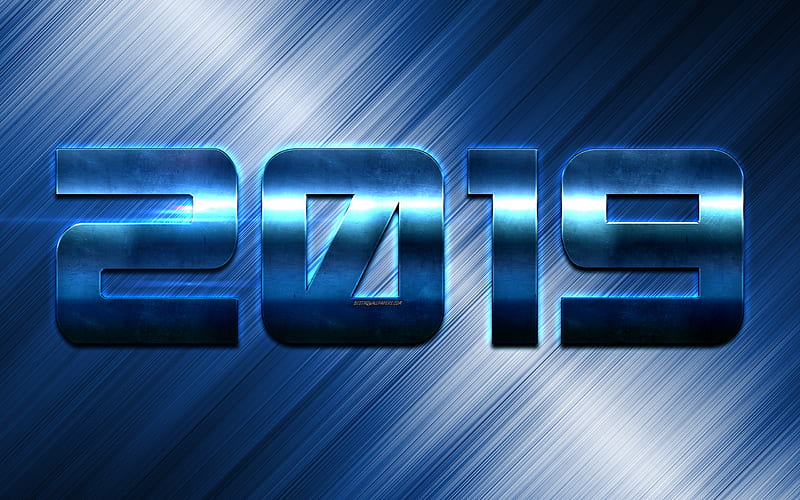 2019 year, blue metal numbers, creative art, blue metal background, 2019 concepts, New Year, HD wallpaper