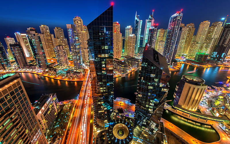 Dubai, night, skyscrapers, modern buildings, UAE, city lights, HD wallpaper