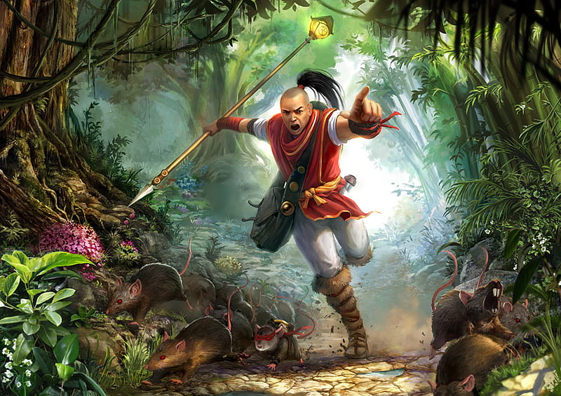 Hurry, character, fantasy, ferns, oriental, rats, flowers, running, trees, HD wallpaper
