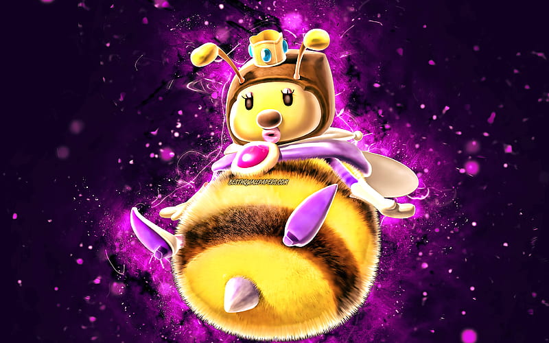 Honey Queen cartoon bee, violet neon lights, Super Mario, creative, Super Mario characters, Super Mario Bros, Honey Queen Super Mario, HD wallpaper