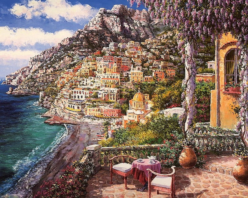 Amalfi Coast, mediterranean, houses, painting, village, cliff, artwork, sea, HD wallpaper