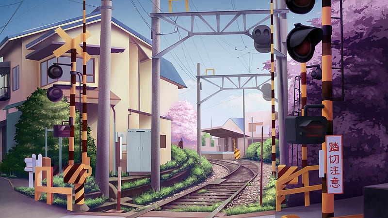 Anime Railway Track Buildings Blue Sky Anime, HD wallpaper
