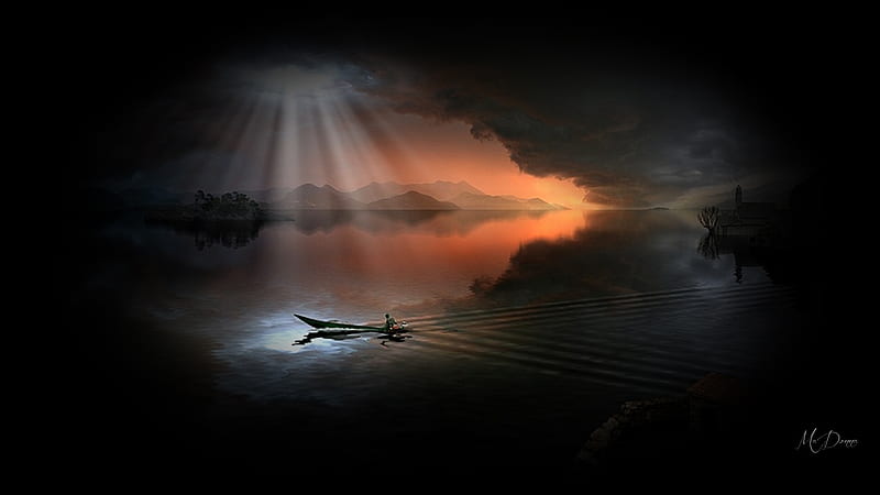 Motor Boat Sunset, Firefox theme, horizon, row boat, moon light, collage, clouds, sky, lake, mountains, HD wallpaper