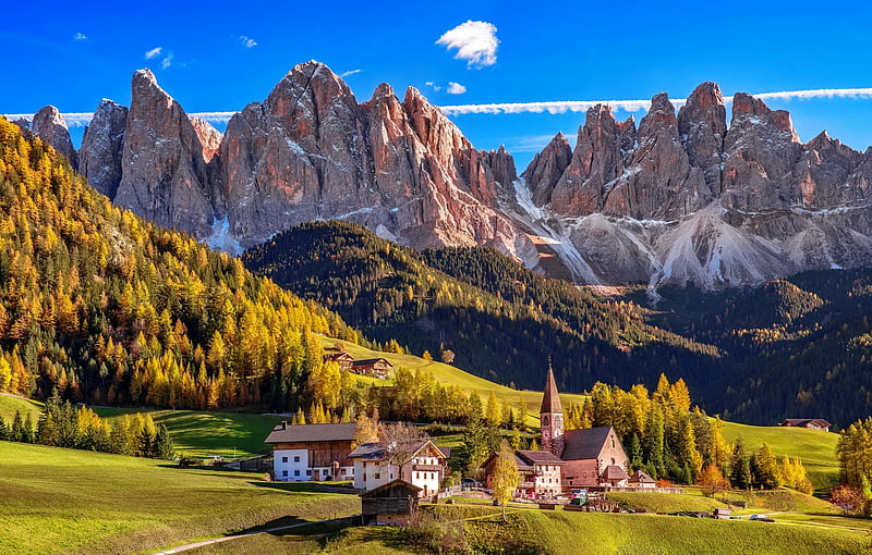 Dolomites in Italy, hills, rocks, fall, autumn, Italy, bonito, sky, valley, mountain, slope, dolomites, village, landscape, HD wallpaper