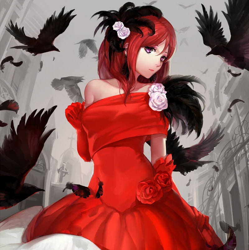 Red, pretty, dress, cg, redhead, bonito, elegant, sweet, nice, anime,  feather, HD phone wallpaper | Peakpx