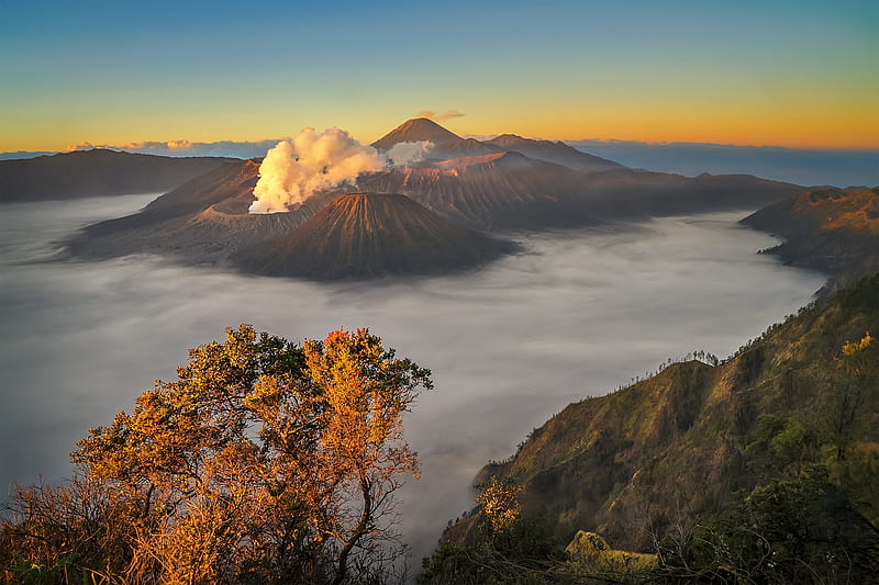 Volcanoes, Mount Bromo, Cloud, Fall, Indonesia, Volcano, HD wallpaper