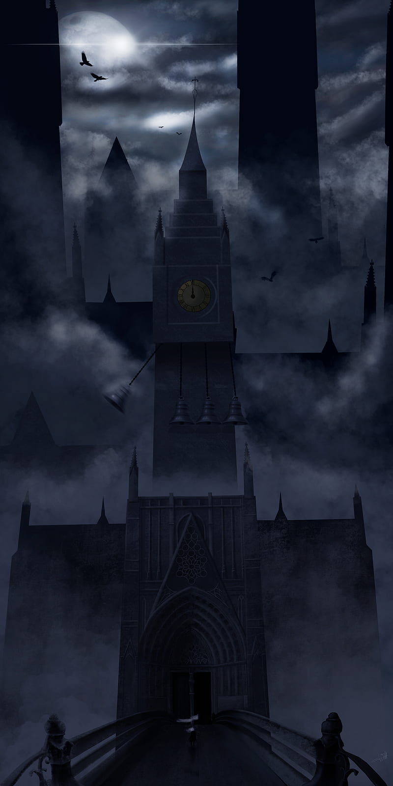 castle, night, fog, dark, art, HD phone wallpaper