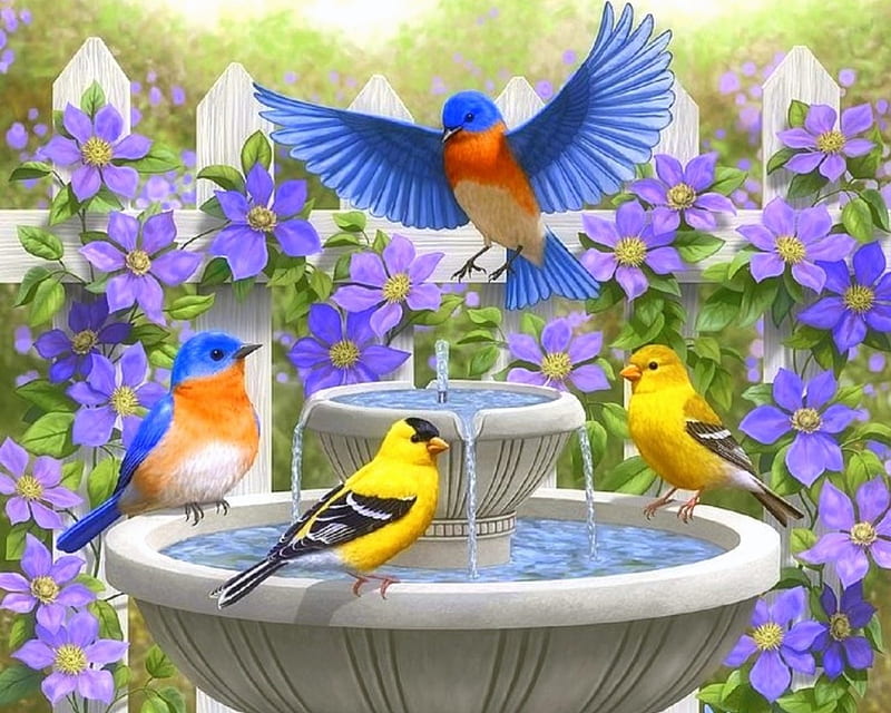 Fountain Festival, fountains, love four seasons, birds, spring, cute, flowers, garden, lovely flowers, animals, HD wallpaper