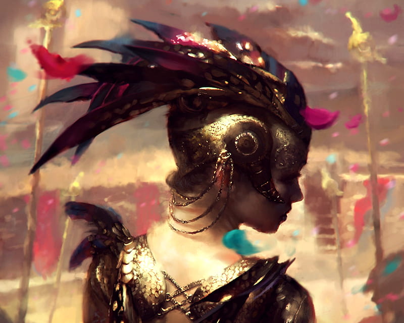 Knight, art, luminos, wei feng, armor, fantasy, girl, helmet, profile, petals, pink, HD wallpaper