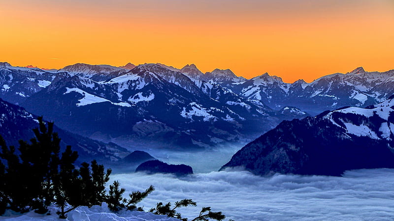 Bernese Alps, Switzerland, rocks, sunrise, snow, fog, colors, sky, HD wallpaper