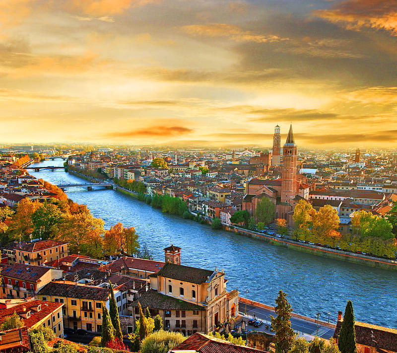 Italy, bonito, city, landscape, river, sunset, HD wallpaper