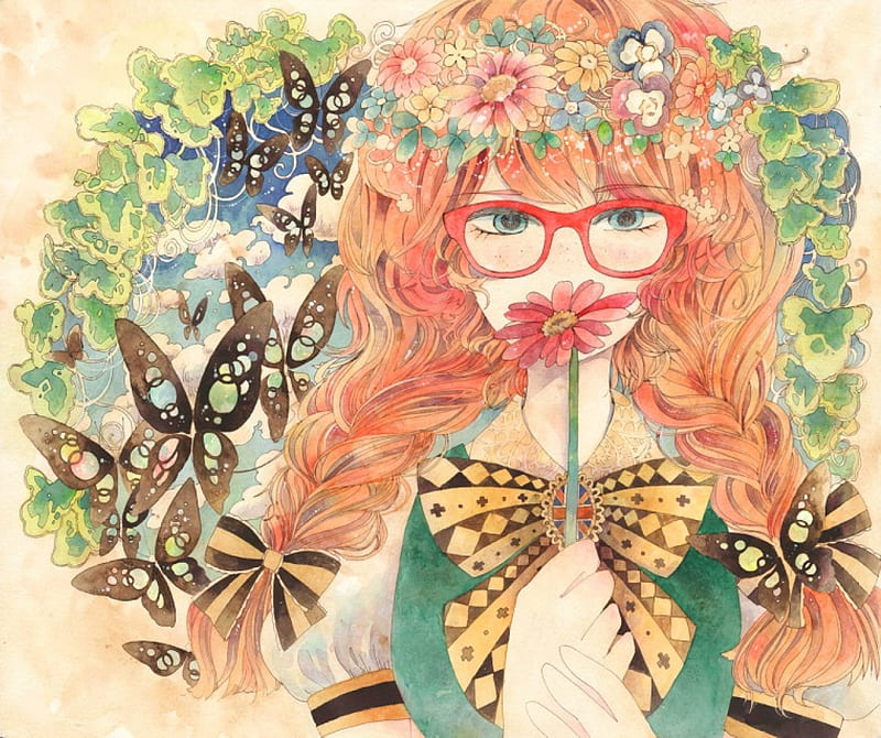Spring Girl, red, pretty, glasses, tie, yellow, bonito, woman, clouds, sweet, green, anime, flowers, beauty, long hair, pink, blue, art, female, lovely, ribbon, black, soft, butterflies, sky, cute, girl, lady, white, HD wallpaper