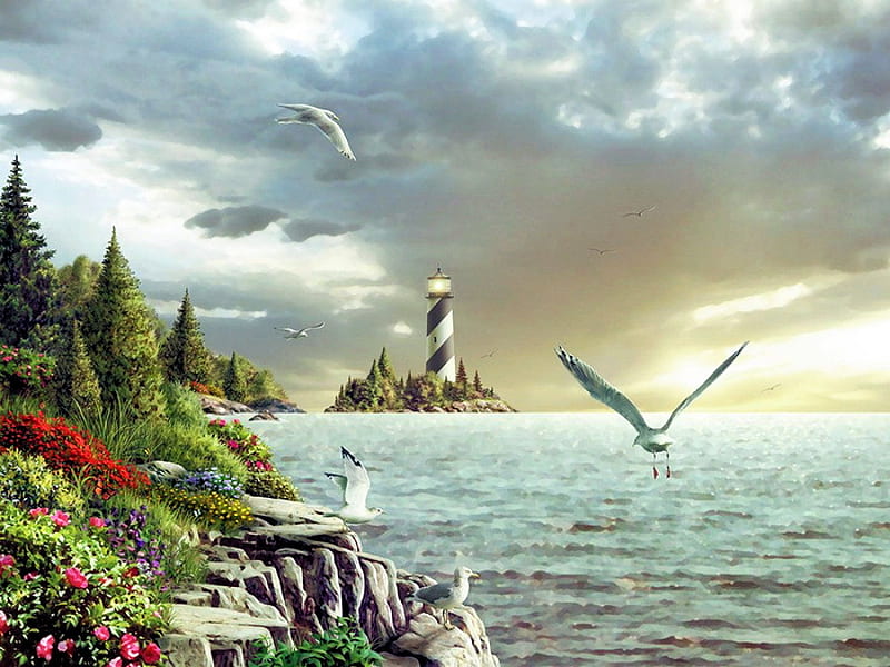 Westward, sunset, seagulls, clouds, sky, artwork, lighthouse, sea, painting, flowers, cliff, HD wallpaper